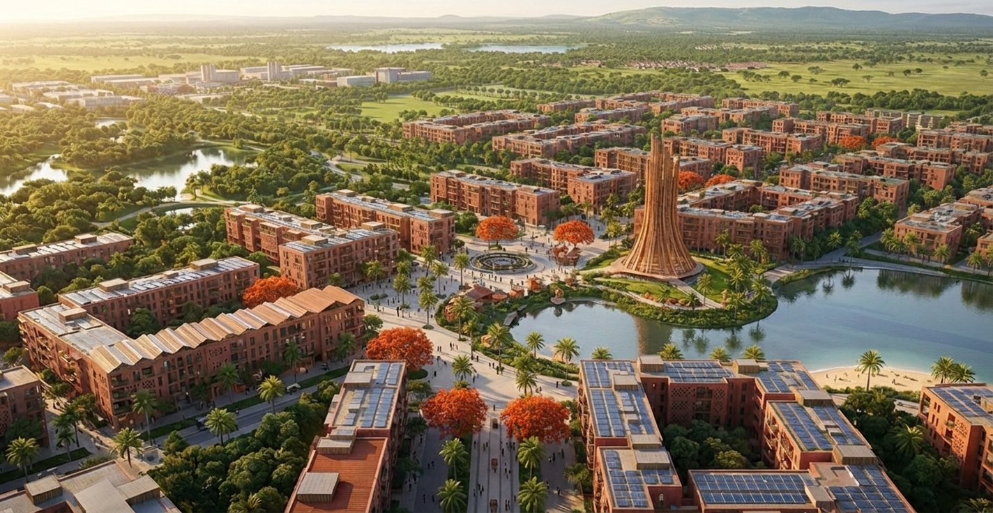 Golden-hour aerial of the proposed city