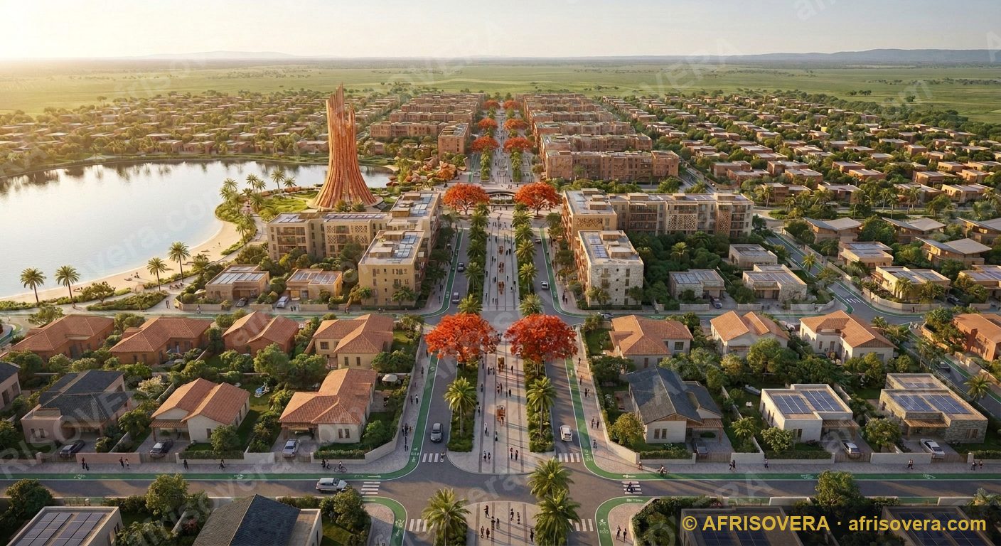 Golden-hour aerial of the proposed city