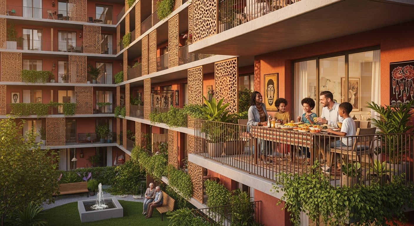 A family on a courtyard balcony