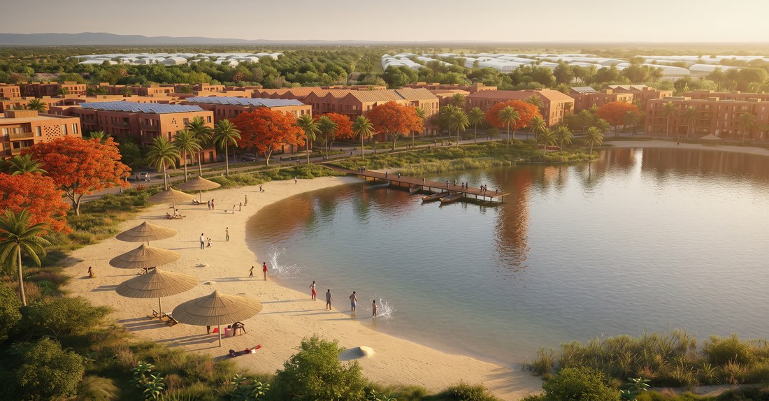 A naturalistic lake and sandy beach inside the proposed city