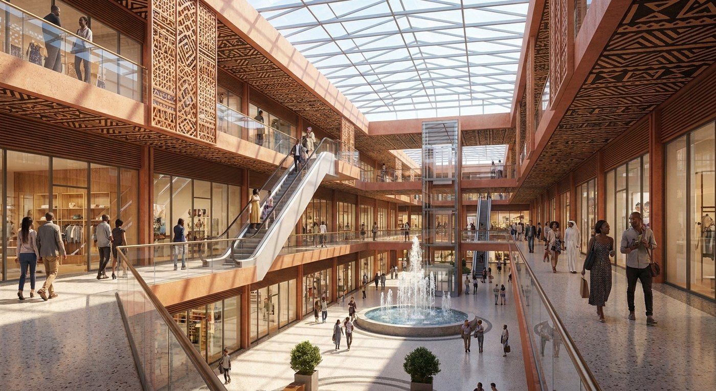 Inside the city mall — a sunlit atrium of shops
