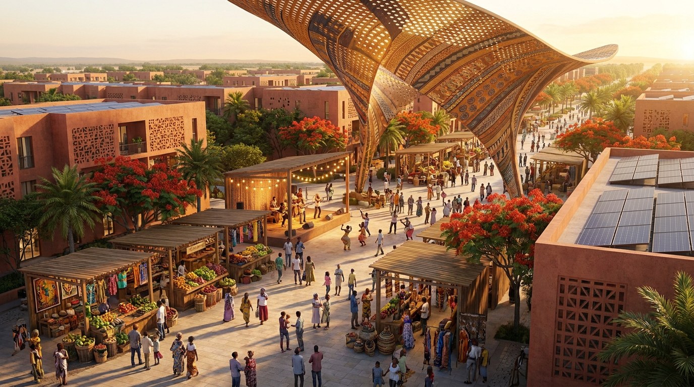The public square of the proposed city — a covered market and gathering place