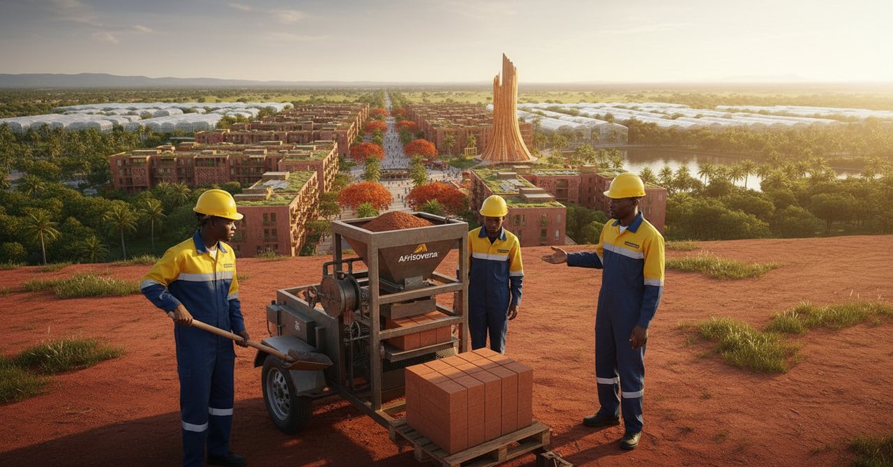 Trainees making terracotta blocks on the Afrisovera block machine