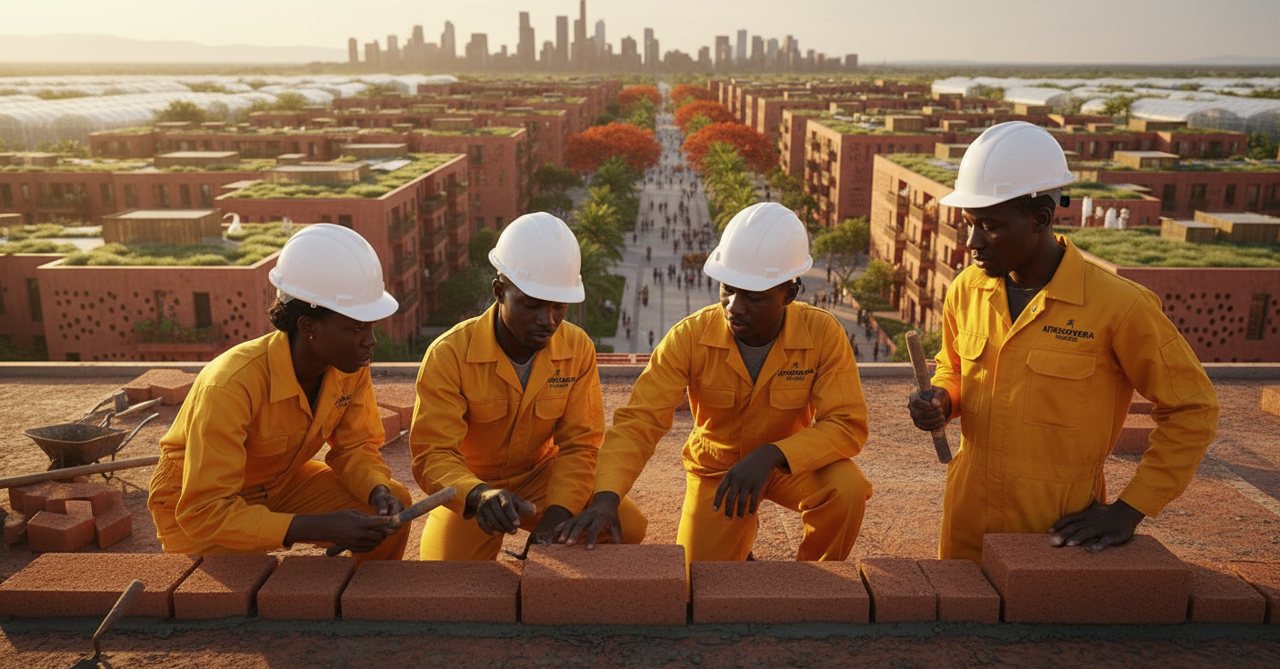 Young Afrisovera Builders trainees learning a trade on a construction site